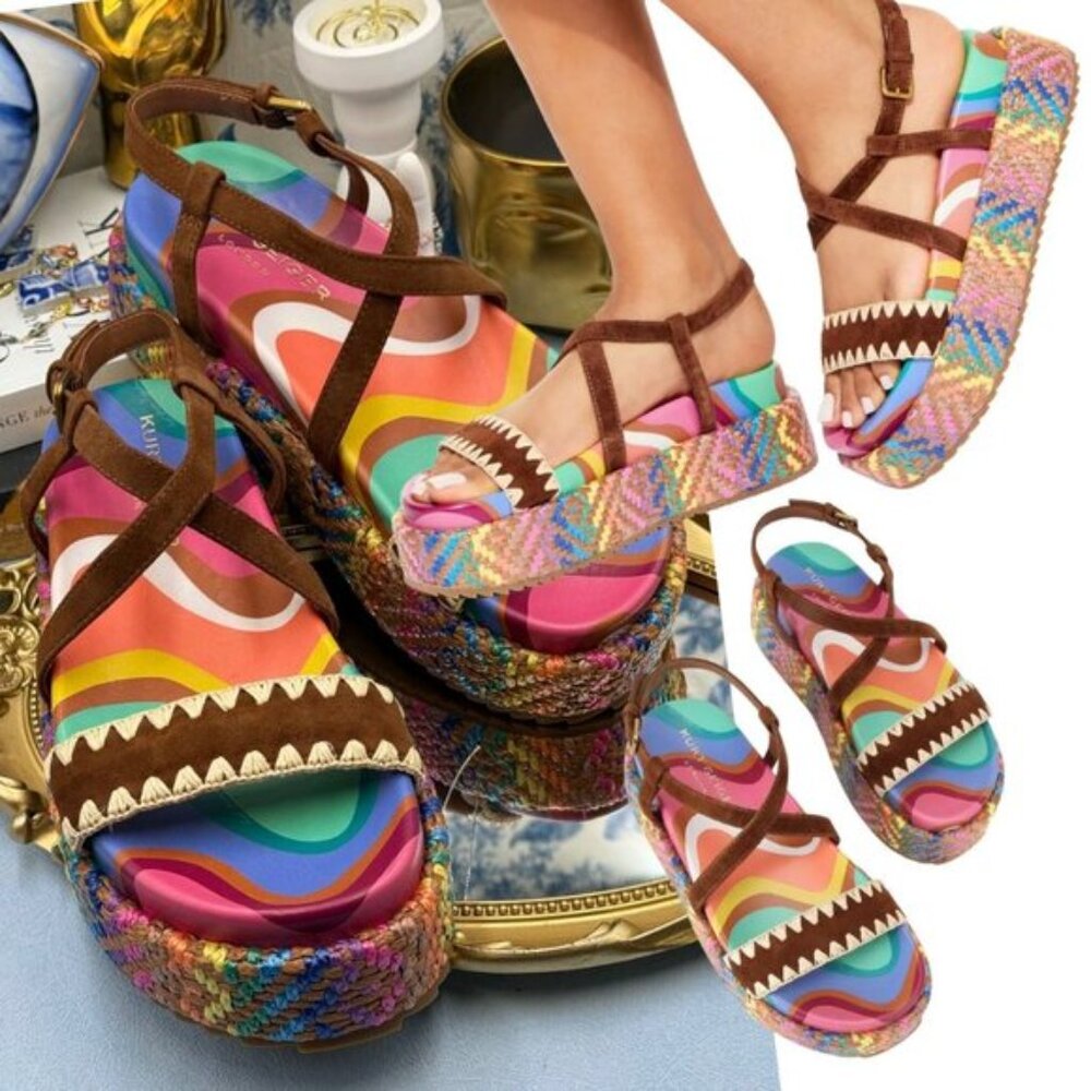 🆕 KURT GEIGER LONDON 🧿 NWOB Chelsea Flatform Sandal, Rainbow Raffia, Sz 37 US7